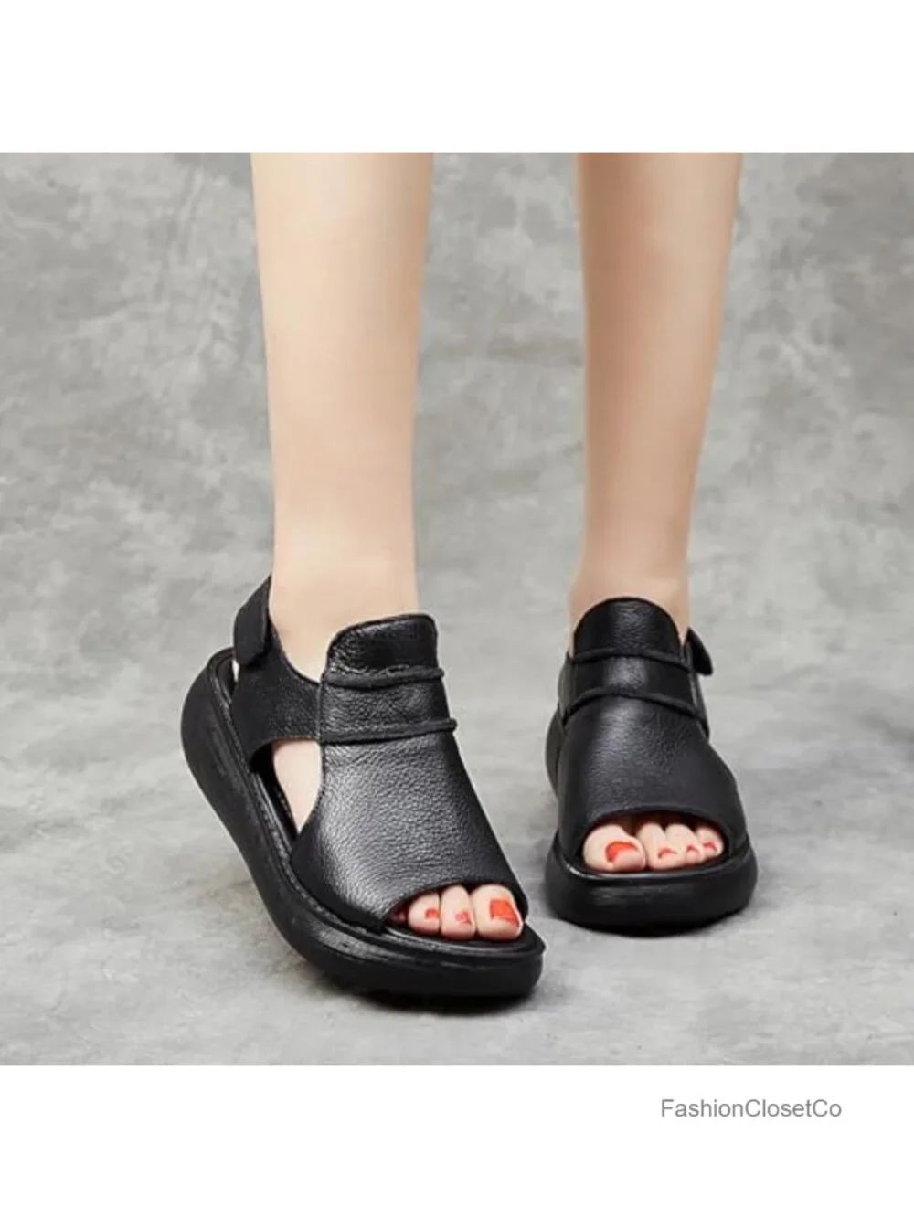 Women's Hook Loop Slingback Wedge Platform Sandals, Cowhide Leather Casual Peep